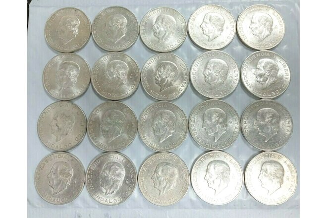 LOT 20 1955 1956 MEXICO 10 PESOS HIDALGO SILVER COIN AU+ L374
