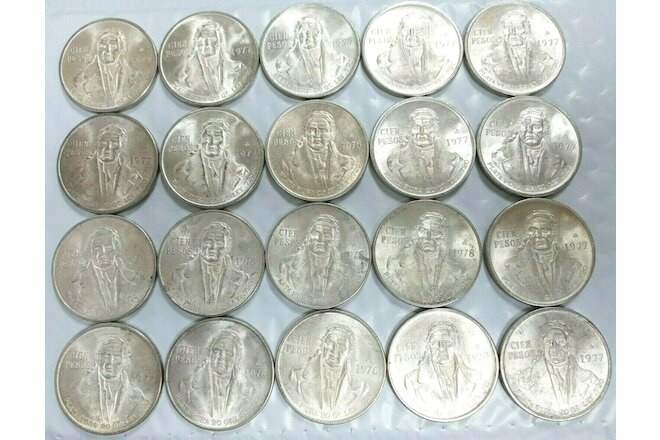 Lot of (20) Mexico 1977-78 Cien 100 Silver Pesos Mexican Coins Au+ L375