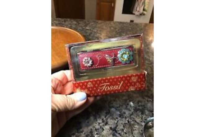 Fossil Lipstick Case Red Leather Enamel Appliqué Bee Butterfly Flowers NEW BOX