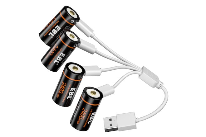 4x 16340 RCR123 CR123A 123 3V USB Lithium Li-ion Rechargeable Batteries w/Cable