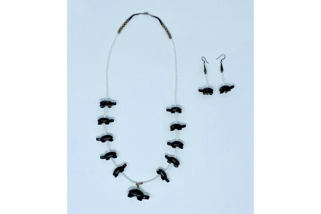 RARE Hand Carved Zuni Fetish Black Turtle Sterling Vintage Necklace Earrings Set