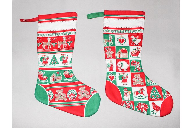 Vintage Handmade Craft Pattern Christmas Stockings (2) Red Green White 15” Long