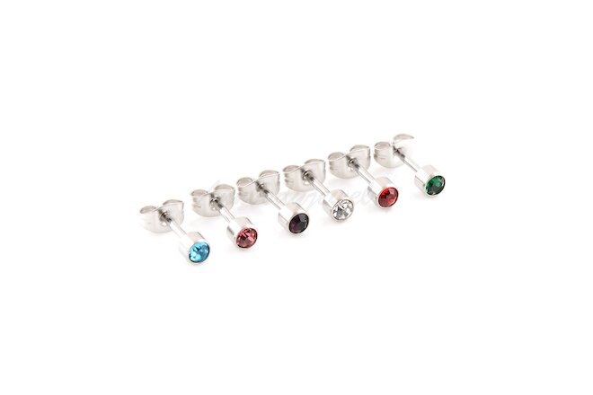 6 Pairs 16g 316L Steel Crystal Birthstone Ear Stud Earring Piercing Color Mixed