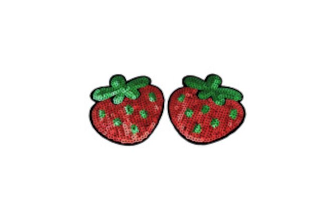 Strawberries red fruit strawberry sequin iron on sew on applique patch lot of 2