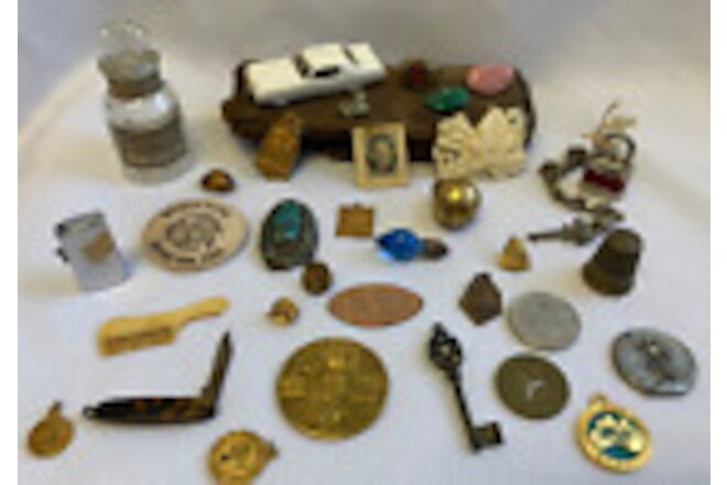 Antique Vtg Trinket Lot Bottle Tokens Coins Lock Ring Pocket Knife Collectibles
