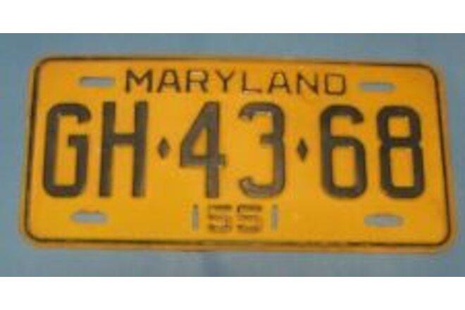 1955 Maryland License Plate single plate only this year nice original