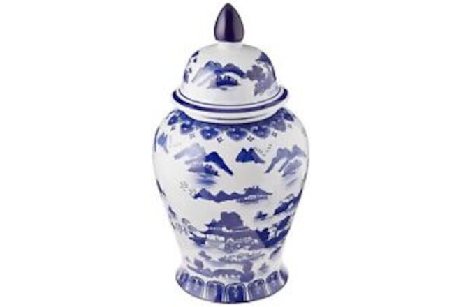 Oriental Furniture 18" Landscape Blue & White Porcelain Temple Jar