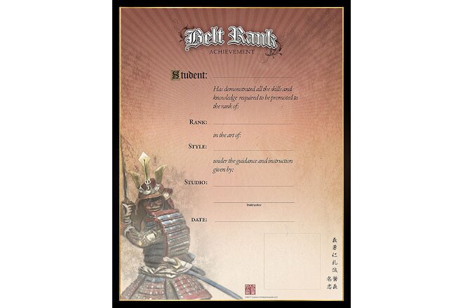 Martial Art Certificates - Samurai Belt Rank Achievement Certificates - Pk.of 5