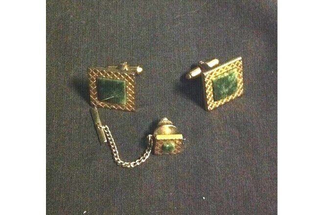 Cufflinks and tie-tack set, gold tone metal with green marble-like stone