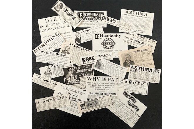 24pc!Antique QUACK MEDICINE Drug Cure-All Vtg Small Classified Old Print Ad Lot4