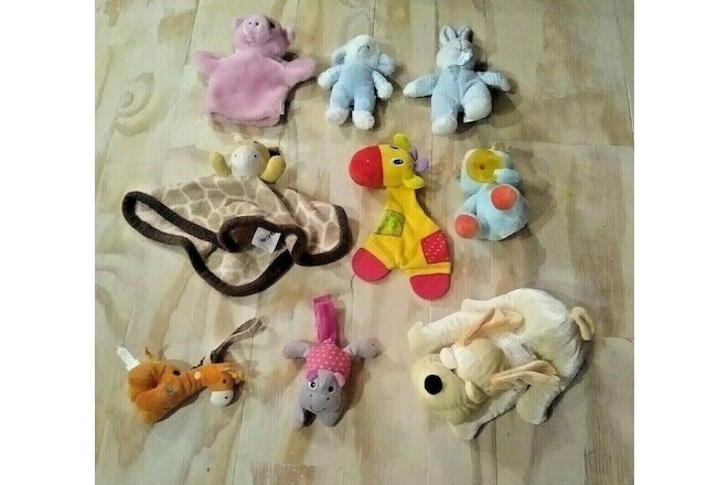 Lot of 9 Infant Toddler Plush Animals Teether Blankie Rattle Puppet