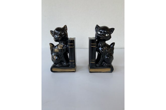 Vintage Mid Century Black Cats with Gold Trim Book Ends Pen Holders Japan