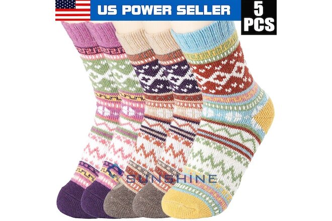 5 Pairs Women Wool Cashmere Socks Thick Warm Casual Solid Winter Sock 6-11
