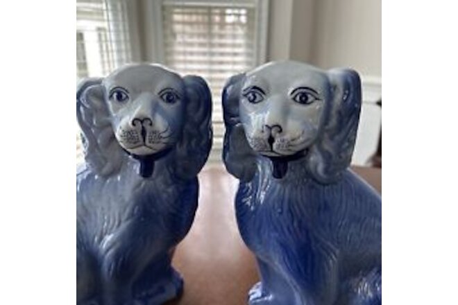 VINTAGE PAIR LARGE 12" HAND PAINTED BLUE KING CHARLES ENGLISH STAFFORDSHIRE DOGS