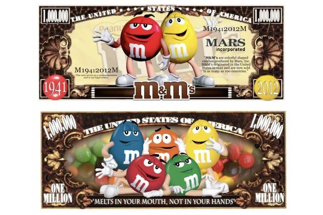 M&M's Chocolate Candy Pack of 5 Collectible 1 Million Dollar Bills Funny Money