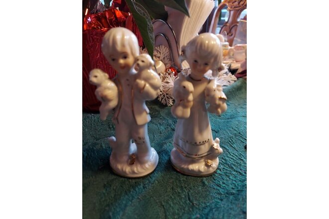 Figurine VINTAGE PORCELAIN WHITE w/ Gold Accents Boy/Lambs Girl/Rabbits Lot of 2