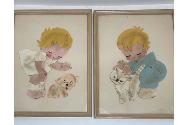 1950's Vintage Set of Felt Wall Art Boy w Cat Girl with Dog Framed 12.5 x 9.5"