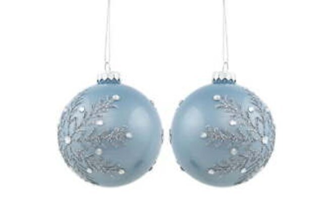 Set of 2 Shiny Stone Blue Glitter Snowflakes Glass Christmas Ball Ornaments 4"