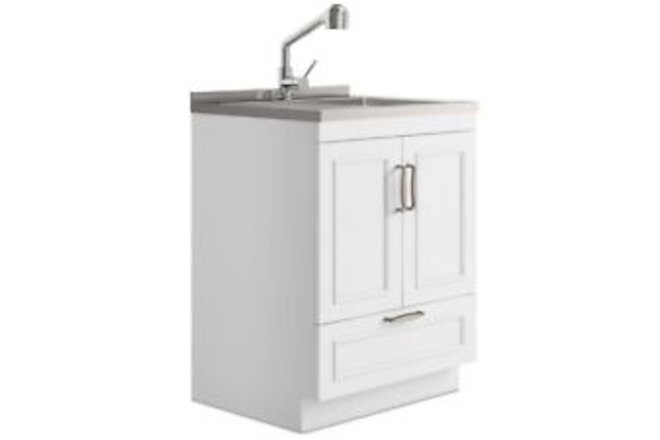 Simpli Home Cardinal Transitional 28"Laundry Cabinet Faucet Stainless Steel Sink