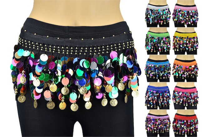 6 PCs Multi Color Sequins Coins Belly Dance Scarf Belt Hip Skirt Wrap Chiffon