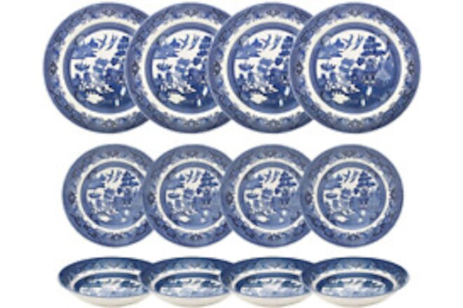 Blue Willow Dinner Plates, Salad Plates and Coupe Bowls 12 Piece Dinnerware Set,