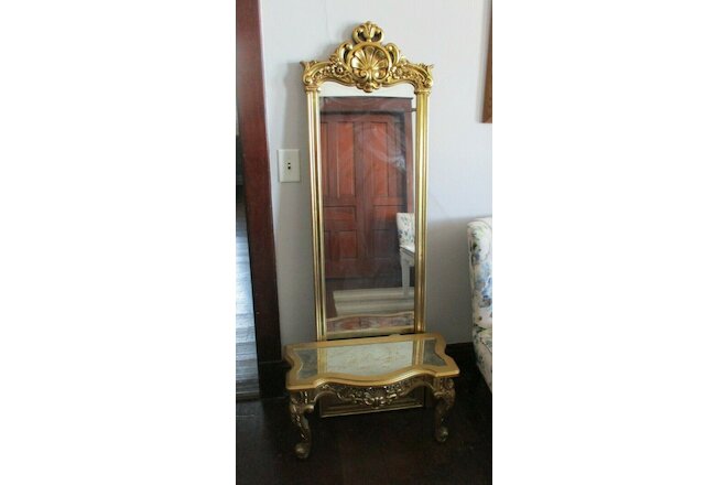 Vintage HOLLYWOOD REGENCY Shabby Chic Gold Hallway Entry Mirror & Small Table