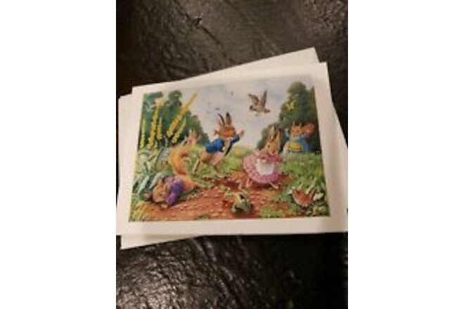 Tiny Blank Note Card"Blind Man's Bluff"Bunnies Squirrel Wren Frog by Racey Helps