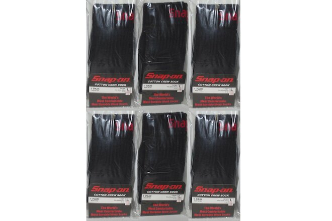 6 PAIRS - Snap-On Crew Socks Men's BLACK - LARGE ~ FREE SHIP ~ MADE IN USA *NEW*