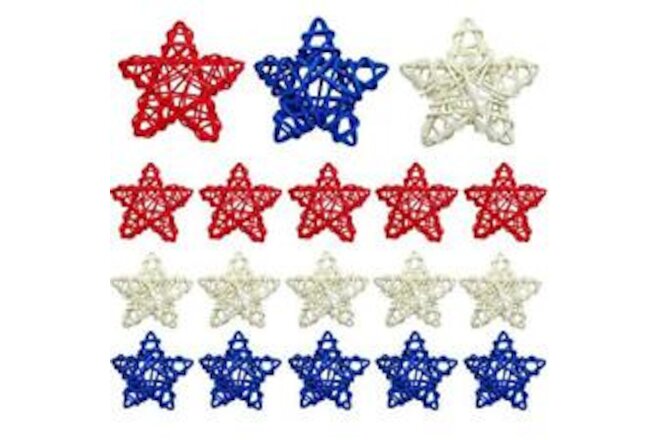 18PCS 4th of July Natural Rattan Stars, 1.96 Inch Red White and Blue Wicker R...