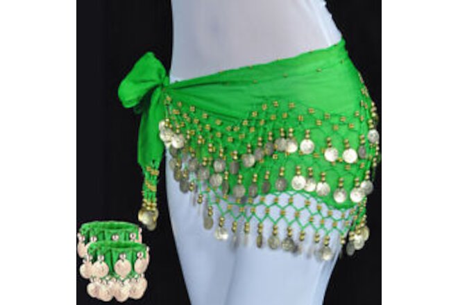Green Gold Coin Belly Dance Hip Skirt Scarf Wrap Belt Hipscarf with Bracelets US