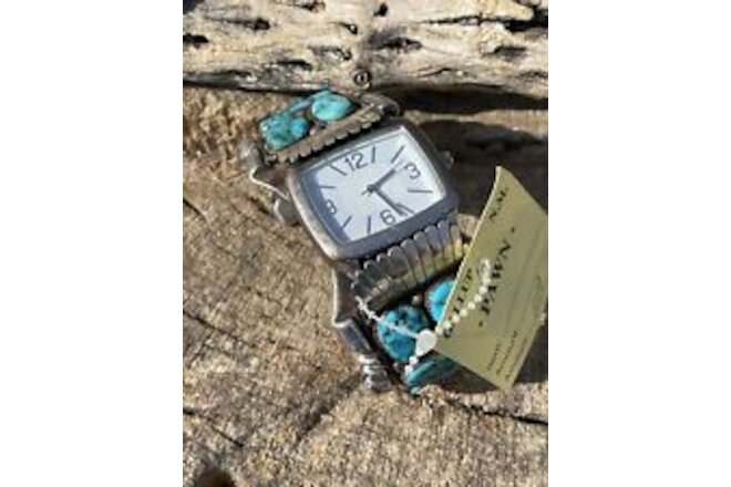 Vintage Navajo Sterling Silver & Kingman Turquoise Non Working Watch Bracelet