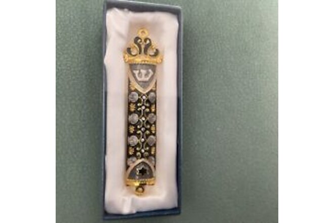 4.5” Blue-Ivory Enamel  Mezuzah with Gold Accents & Crystals