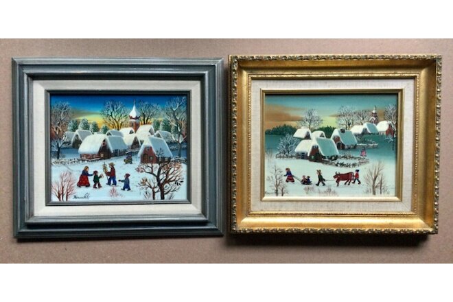 2 primitive winter paintings By listed Hungary - Hungarian Artist A. Kowalski.