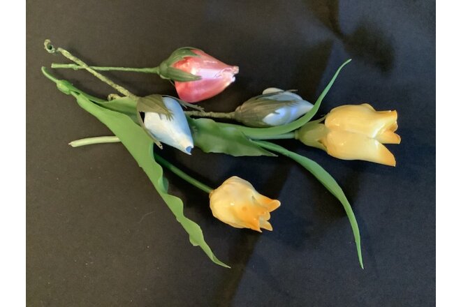 Vintage Porcelain Flowers-Yellow Tulips w/Plastic Stems & 3 Shell Rose Flowers