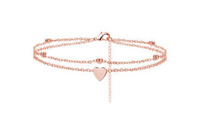 Women Double Layer Heart Beads Anklet Ankle Bracelet Foot Beach Chain Rose Gold