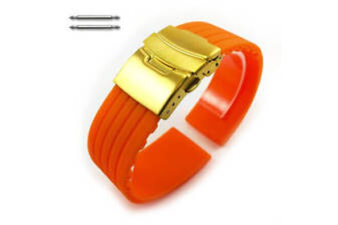 Orange Rubber Silicone Replacement Watch Band Strap Gold Double Lock Buckle 013G
