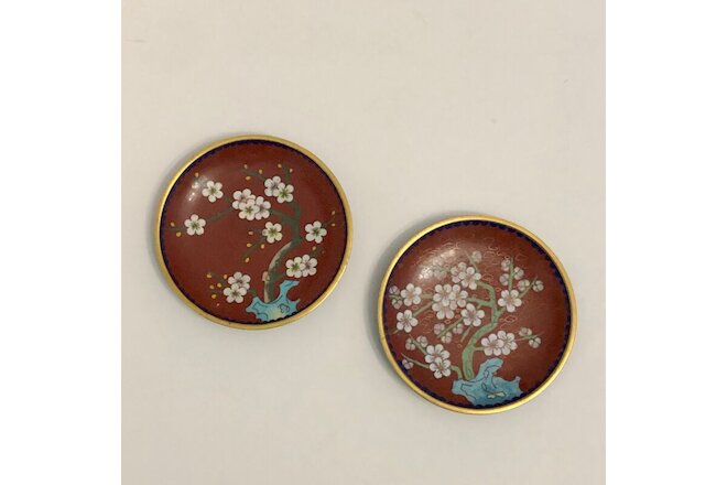 Vtg Chinese Cloisonne Enamel Trinket Pin Dish Cherry Blossom, Brown Red Set of 2