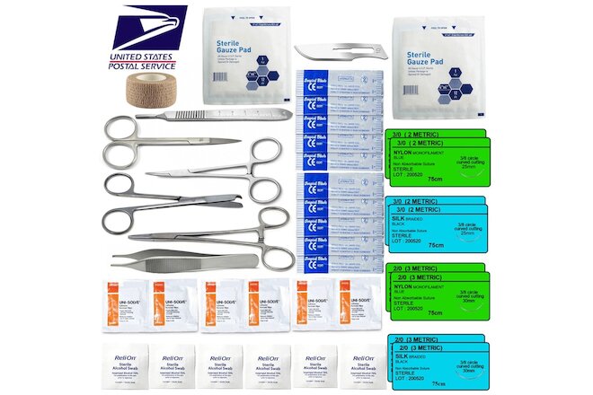 Surgical Suture Kit Basic First Aid Medical Travel Kit - 39 Pieces USA MADE !!