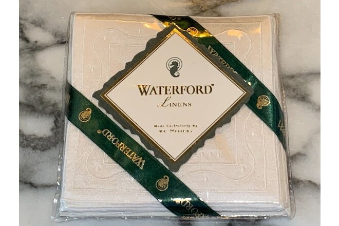 WATERFORD LINEN WHITE CHELSEA EMBROIDER DRINK COASTERS 5" SQUARE SET LOT 6 NEW
