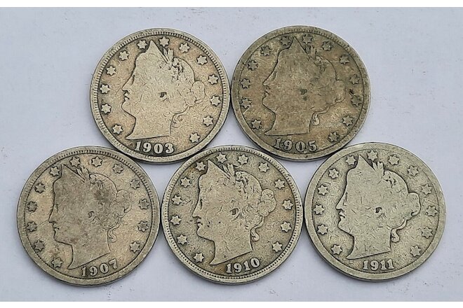 Five Liberty V Nickels with Five Different Dates!
