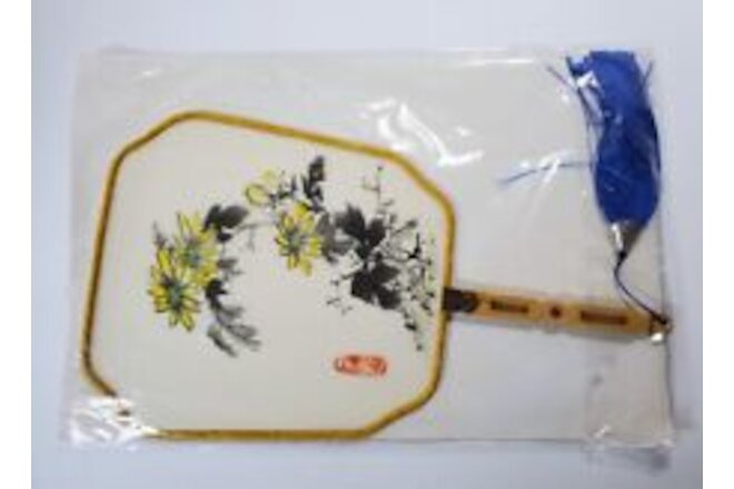 Vintage Hand Painted Silk PADDLE FAN Chinese Japanese Asian Wood 7.75" x 13"