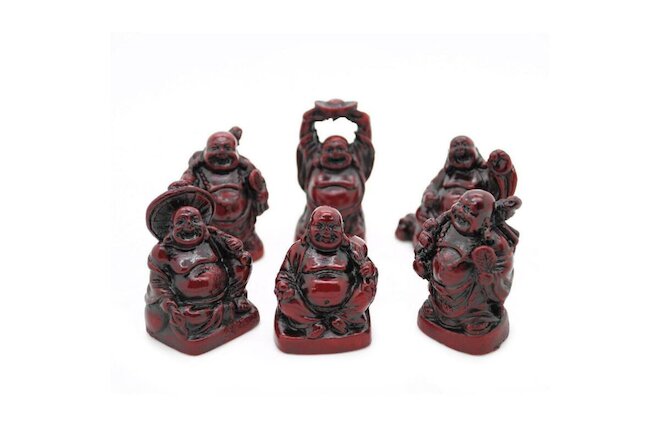 SET OF 6 HAPPY BUDDHA STATUES 2" Red Color Resin Hotei Fat Laughing Feng Shui