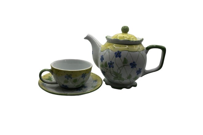 Sadek Andrea Periwinkle Garden Teapot & Tea Cup & Saucer Floral Dots Cottage Vtg