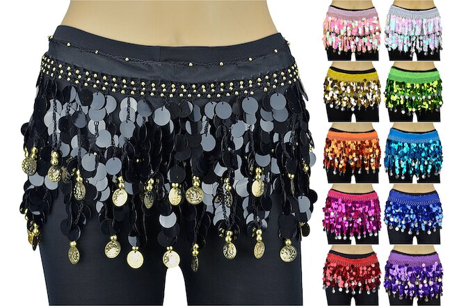 6 PCs Solid Sequins Coins Belly Dance Scarf Belt Hip Skirt Wrap Chiffon