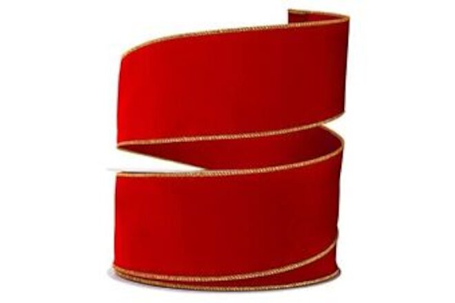 Red Velvet Ribbon Wired 2.5 (2 1/2) Inch Wide Wire-Edge Gold Trim Clearance:
