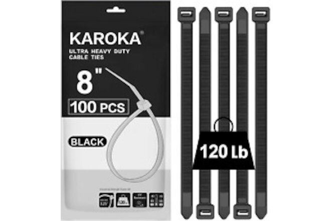 Karoka 8 inch Heavy Duty Zip Ties - 120lbs Tensile Strength - Black, 100 Pieces