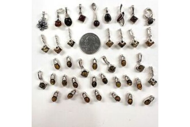 925 Solid Sterling Silver Baltic Amber Clean Shiny Quality Pendants Lot 45 g