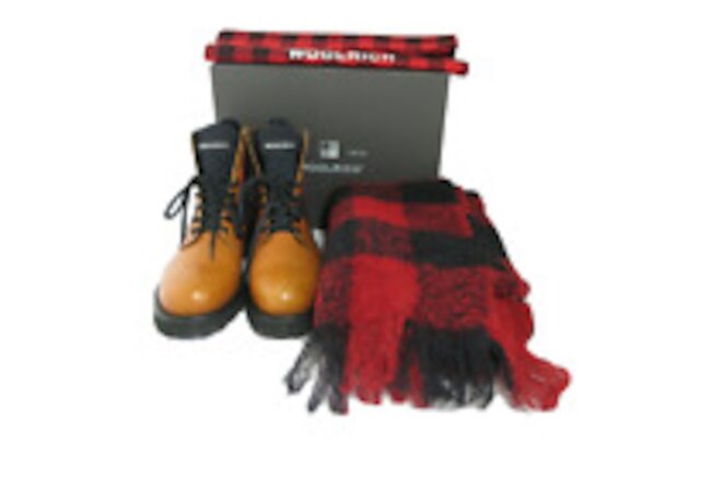 Woolrich Brown Leather Buffalo Plaid Flannel Boots Match Scarf Orig Box US 9.5