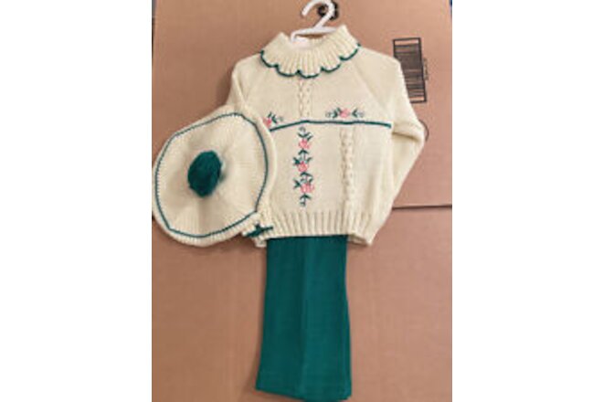 Vtg Toddler Girl 3pc Ivory and Green Knit Outfit: sweater Beret pants