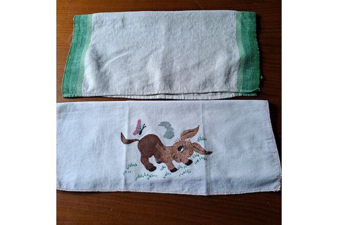 Lot of 2 Vintage tea Towels Linen with green and Cotton with Playful Donkey